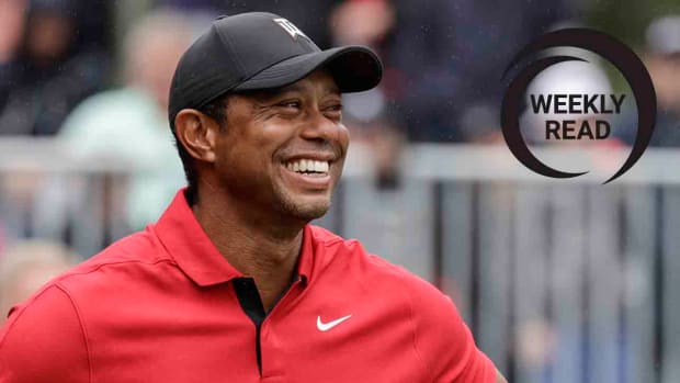 Tiger Woods is pictured at the 2023 PNC Championship along with the SI Golf Weekly Read logo.
